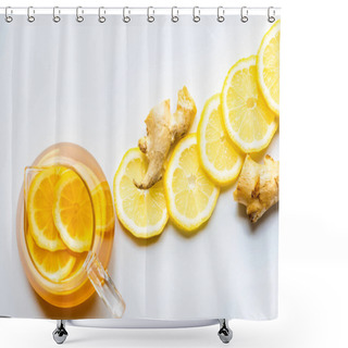 Personality  Top View Of Hot Tea With Lemon And Ginger On White Background Shower Curtains