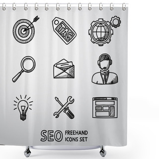 Personality  Set Of SEO Handdrawn Icons - Target With Arrow, Tag, World, Magnifier, Mail, Support, Idea, Instruments, Site. Vector Shower Curtains