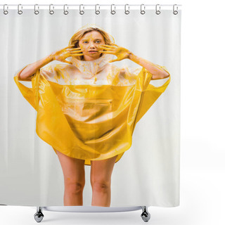 Personality  Beautiful Woman In Raincoat Painted With Yellow Paint Showing Painted Hands Isolated On White  Shower Curtains