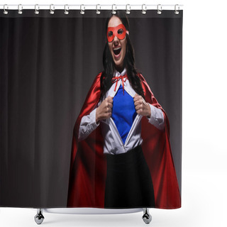 Personality  Laughing Attractive Super Businesswoman In Red Cape And Mask Showing Blue Shirt Isolated On Black Shower Curtains