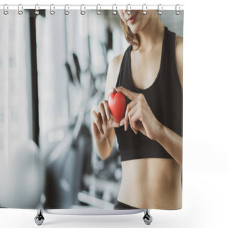 Personality  Healthcare Red Heart Sport Woman Workout Exercise At Gym Fitness Healthy Lifestyle With Copy Space The Left. Shower Curtains