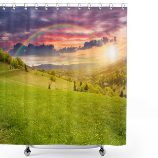 Personality  Village On Hillside Meadow At Sunset Shower Curtains