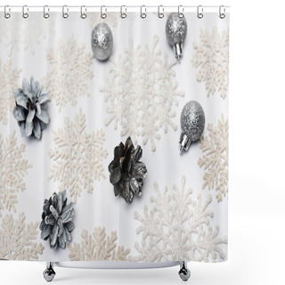 Personality  Top View Of Snowflakes, Silver Baubles And Cones On White Background Shower Curtains