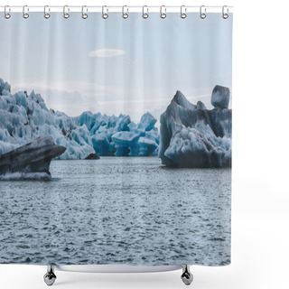 Personality  Blue Ice Pieces Floating In Lake In Jokulsarlon, Iceland Under Blue Sky Shower Curtains