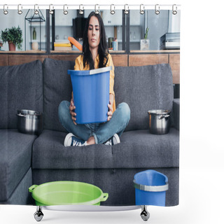 Personality  Tired Woman Sitting On Sofa With Big Blue Bucket Shower Curtains