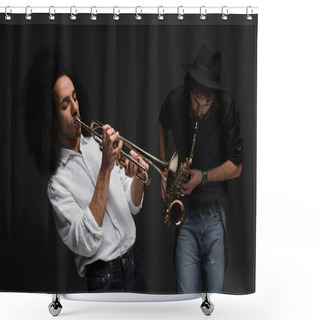 Personality  Duet Of Musicians Playing Trumpet And Sax On Black Shower Curtains