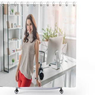 Personality  Beautiful Art Editor Smiling Near Digital Camera And Computer Monitor  Shower Curtains