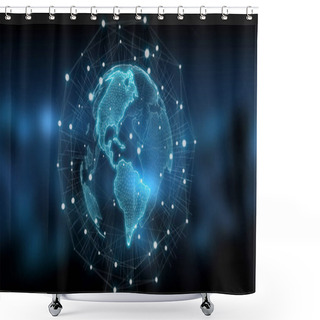 Personality  Global Network On Planet Earth Blue Background 3D Rendering Shower Curtains