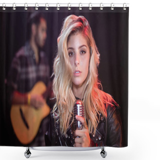Personality  Female Singer Holding Mic At Nightclub Shower Curtains