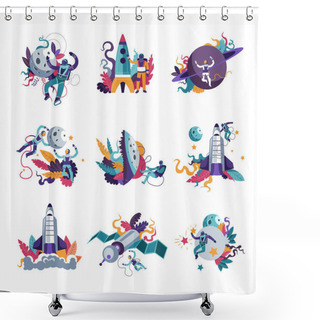 Personality  Astronautics Space And Universe Galaxy Exploration By People In Costumes Vector. Star And Moon Celestial Planet, Man In Suits, Astronauts With Rockets, Spaceship Decorated With Flowers And Foliage Shower Curtains