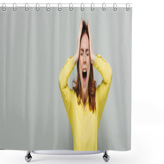Personality  Angry Woman Screaming While Standing With Closed Eyes And Touching Head On Grey, Banner Shower Curtains