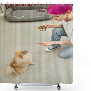 Personality  Tattooed Pet Sitter With Bowl Of Dry Food Giving Sit Command To Pomeranian Spitz In Pet Hotel Shower Curtains