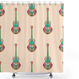 Personality  Seamless Pattern With Colorful Hippie Guitars In Zentangle Style. Hippy Ornamental Guitars. Shower Curtains