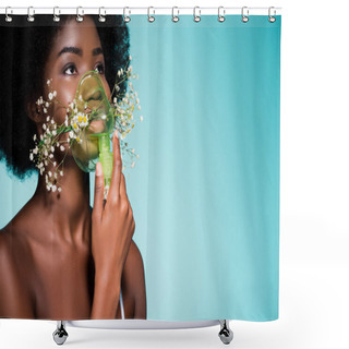 Personality  African American Young Woman With Flowers In Inhaler Isolated On Blue Background Shower Curtains