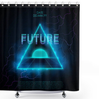 Personality  Retrowave Style Illustration With Neon Triangle Portal Leading To Retrofuturistic Place With Laser Grid, Sunset And Starry Space. Violet-blue Lightning Strikes In A Neon Triangular Shape. Shower Curtains