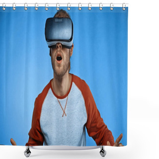 Personality  Shocked Young Man In Virtual Reality Headset On Blue  Shower Curtains