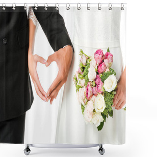 Personality  Cropped Shot Of Bride With Bouquet And Groom Making Heart Sign With Hands Isolated On White Shower Curtains