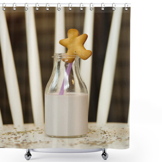 Personality  A Stylish Transparent Bottle Of A Fresh Lavender Milk On A White Table And On A Blurred Background. A Sweet Biscuit In The Shape Of A Little Man On A Top Of A Jar. Healthy Breakfast. Shower Curtains