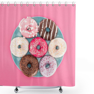 Personality  Top View Of Various Glazed Doughnuts On Plate Isolated On Pink Shower Curtains