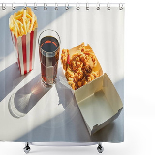 Personality  Tasty Deep Fried Chicken, French Fries And Soda In Glass On White Table In Sunlight Shower Curtains