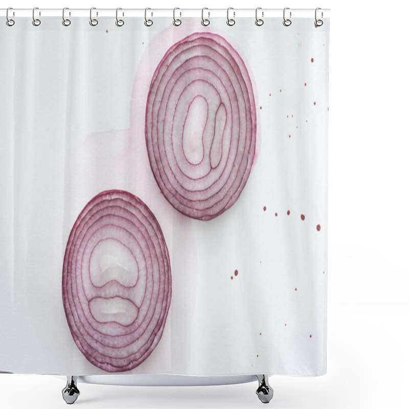 Personality  Top View Of Two Slices Of Red Onion On White Surface With Pink Watercolor Blots Shower Curtains