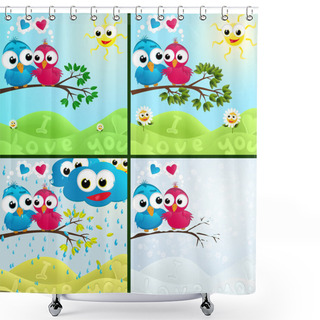 Personality  Four Couples Of Birds Sitting On Branches In Different Weather Shower Curtains