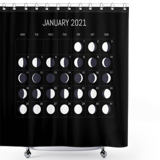 Personality  Moon Phases Calendar For 2021 Year. January. Night Background Design. Vector Illustration Shower Curtains