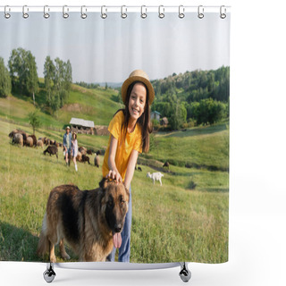 Personality  Joyful Girl Looking At Camera Near Cattle Dog And Parents Herding Flock On Blurred Background Shower Curtains