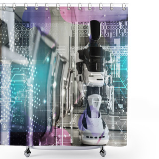 Personality  Selective Focus Of Humanoid Robot Standing In Conference Hall Of Modern Office, Cyber Illustration Shower Curtains