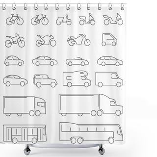 Personality  Flat Line Icons - Transportation Vehicles Icons. Complete Set Of Icons Flat Line On A White Background With All Means Of Road Transport. Shower Curtains