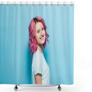 Personality  Side View Of Young Woman With Pink Hair Smiling On Blue Background Shower Curtains
