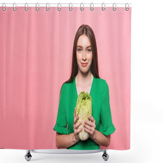 Personality  Front View Of Attractive Smiling Girl Holding Chinese Cabbage And Looking At Camera Isolated On Pink Shower Curtains