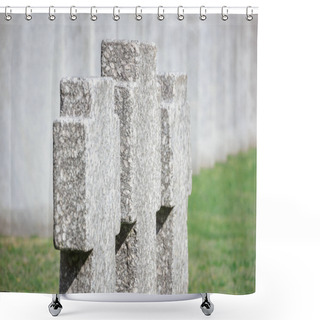 Personality  Close Up View Of Old Memorial Headstones Placed In Row At Cemetery  Shower Curtains