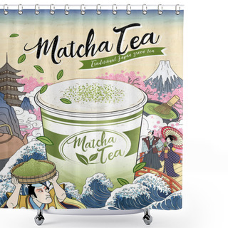 Personality  Ukiyo-e Matcha Tea Ads With Giant Takeaway Cup Floating Upon Ocean Tides, Japanese Vintage Art Shower Curtains