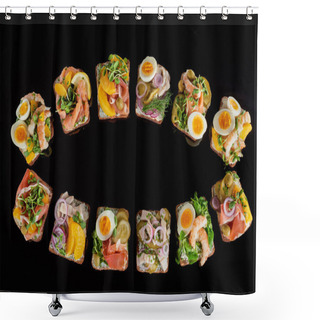 Personality  Top View Of Rye Bread With Prepared Danish Smorrebrod Sandwiches Isolated On Black  Shower Curtains
