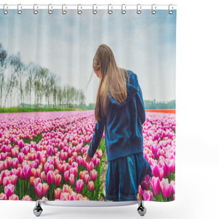 Personality  Adorable Little Girl Playing With Flowers On A Tulip Farm Shower Curtains