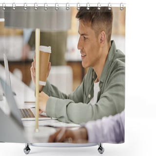 Personality  Happy Man Holding Coffee To Go And Using Laptop, Office Environment, Coworking, Startup Project Shower Curtains