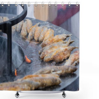 Personality  Crispy Breaded European Smelt Fish On Black Brazier At Outdoor Food Market Shower Curtains