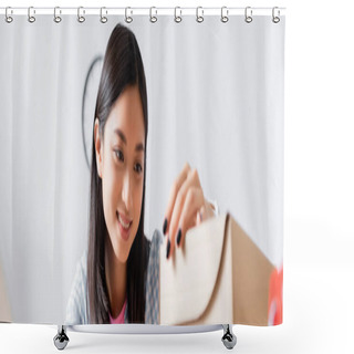 Personality  Happy Asian Volunteer Looking At Carton Box, Banner Shower Curtains