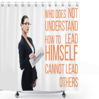 Personality  Confident Businesswoman Holding Newspaper Near Who Does Not Understand Himself Cannot Lead Others Lettering Isolated On White Shower Curtains