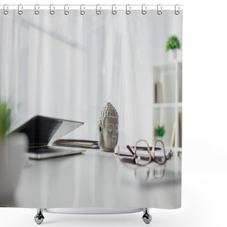 Personality  Buddha Head, Eyeglasses And Laptop On Table In Modern Office Shower Curtains