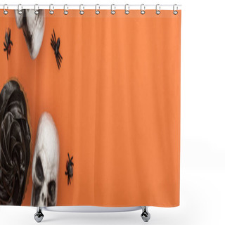Personality  Top View Of Cupcake, Decorative Skulls And Spiders On Orange Background With Copy Space, Panoramic Shot Shower Curtains