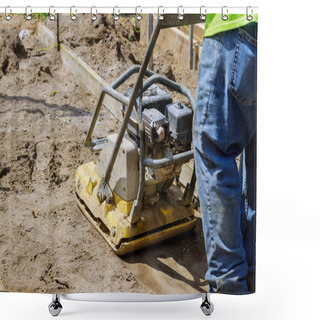 Personality  Worker Uses Compactor To Vibratory Hammer Power Tool At Soil At Worksite Construction Site Shower Curtains