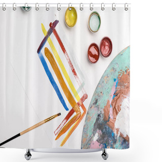 Personality  Top View Of Palette With Gouache Paints And Paintbrush Near Paper With Brushstrokes On White Background Shower Curtains