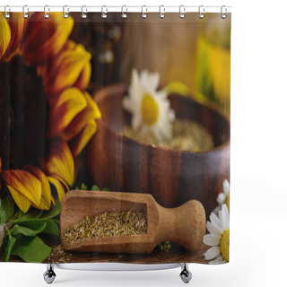 Personality  Selective Focus Of Wooden Spatula With Dried Herbs, Sunflower And Chamomile Flowers On Wooden Surface Shower Curtains