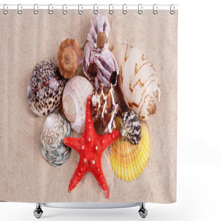 Personality  Sea Shells On A Fine Yellow Sand Background Shower Curtains