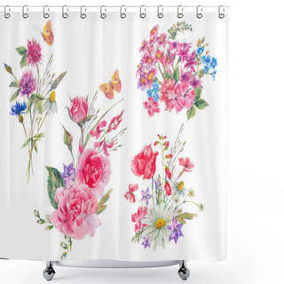 Personality  Watercolor Set Of Vintage Bouquet Of Garden Flowers Shower Curtains