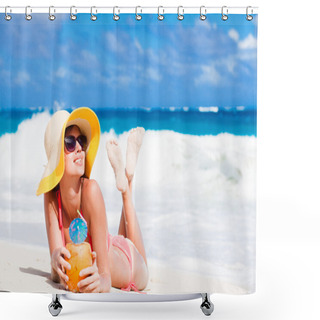 Personality  Woman In Bikini With Fresh Coconut Juice On Tropical Beach Shower Curtains