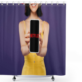 Personality  KYIV, UKRAINE - JULY 3, 2019: Selective Focus Of Smiling Girl Presenting Smartphone With Netflix App Isolated On Purple  Shower Curtains