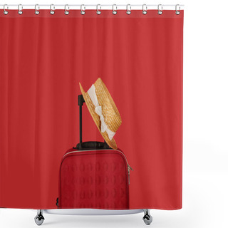 Personality  Red Colorful Textured Travel Bag With Straw Hat Isolated On Red  Shower Curtains